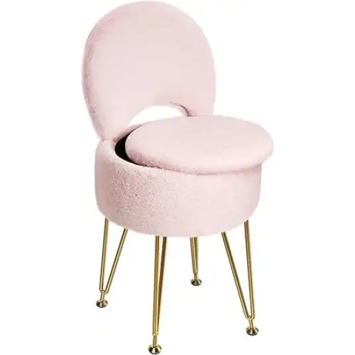 GREENSTELL Vanity Stool Chair with Storage and Folding Back 13’’ x 13’’ x 17.7’’ Faux Fur Soft Ottoman 4
