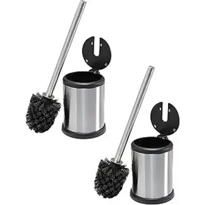 Bath Bliss Stainless Steel 2 Pack Self Closing Lid Toilet Brush and Holder, Finger Print Proof, Compact, Small Space, 6980-2PK, Silver