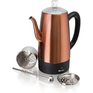 Euro Cuisine PER12 Electric Percolator 12 Cup Stainless Steel Coffee Pot Maker - Copper Finish