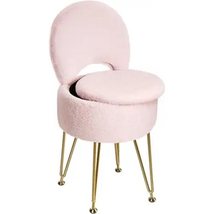 GREENSTELL Vanity Stool Chair with Storage and Folding Back, 13" x 13" x 17.7" Faux Fur Soft Ottoman, 4 Metal Legs with Anti-Slip Feet, Furry Padded Seat for Makeup, Bedroom, Pink