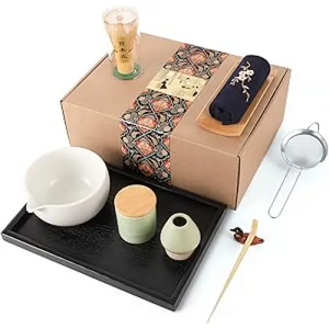 Artcome Japanese Matcha Tea Set, Matcha Bowl with Pouring Spout, Black Tea Tray, Matcha Whisk, Ceramic Whisk Holder, Matcha Powder Caddy